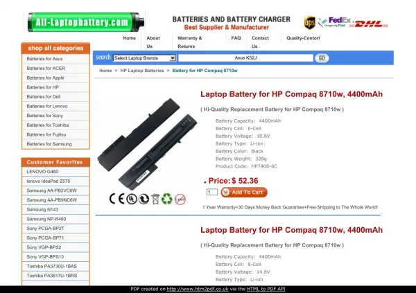 Laptop Battery for HP Compaq 8710w