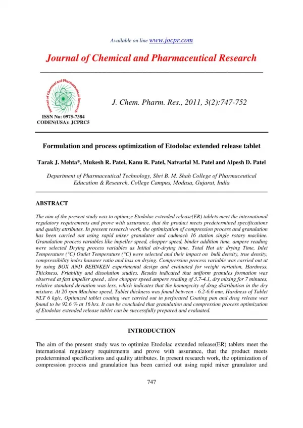 Formulation and process optimization of Etodolac extended release tablet