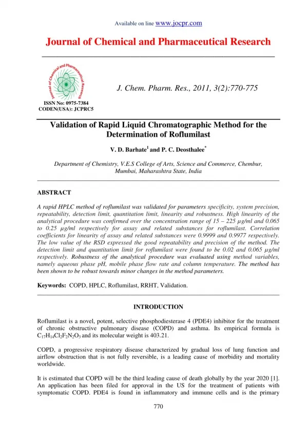 Validation of Rapid Liquid Chromatographic Method for the Determination of Roflumilast