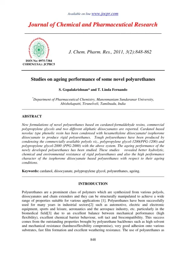 Studies on ageing performance of some novel polyurethanes