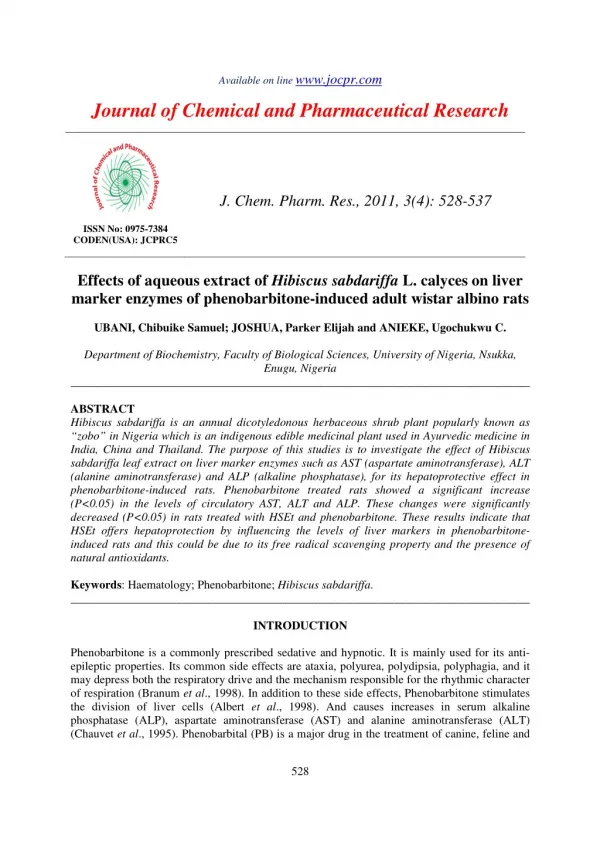 Effects of aqueous extract of Hibiscus sabdariffa L. calyces on liver marker enzymes of phenobarbitone-induced adult wis