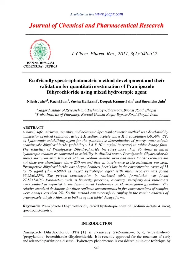 Ecofriendly spectrophotometric method development and their validation for quantitative estimation of Pramipexole Dihyro