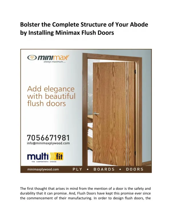 Bolster the Complete Structure of Your Abode by Installing Minimax Flush Doors