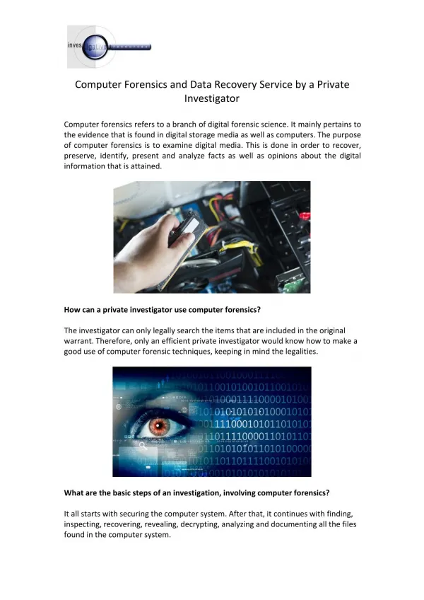 Computer Forensics and Data Recovery Service by a Private Investigator