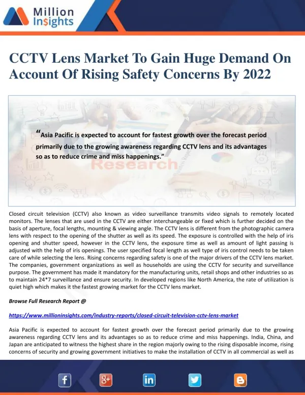 CCTV Lens Market To Gain Huge Demand On Account Of Rising Safety Concerns By 2022