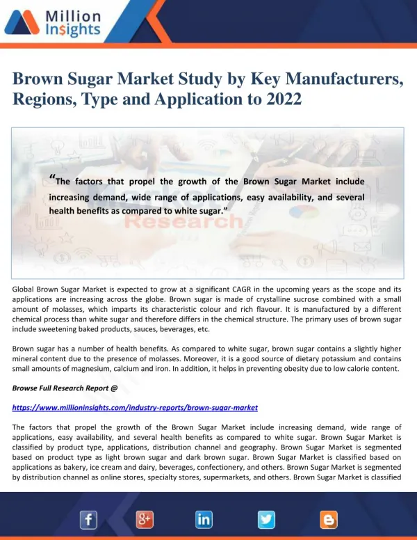 Brown Sugar Market Study by Key Manufacturers, Regions, Type and Application to 2022