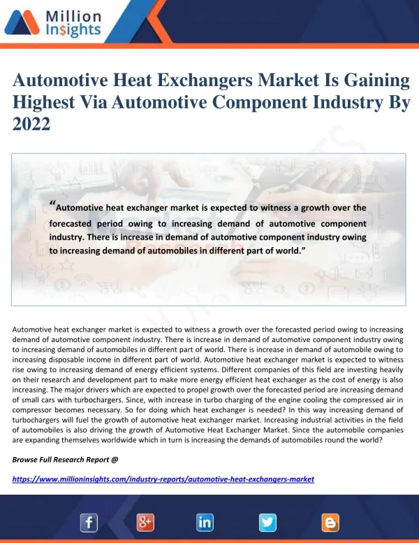 Automotive Heat Exchangers Market Is Gaining Highest Via Automotive Component Industry By 2022