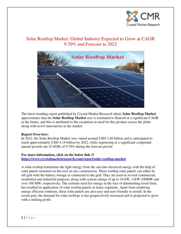 Solar Rooftop Market is projected to expand at a steady CAGR over the forecast period 2022