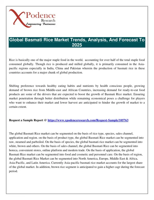 Basmati Rice Market Analysis 2018-2025: Key Findings, Key Players Profiles, Regional Analysis and Future Prospects