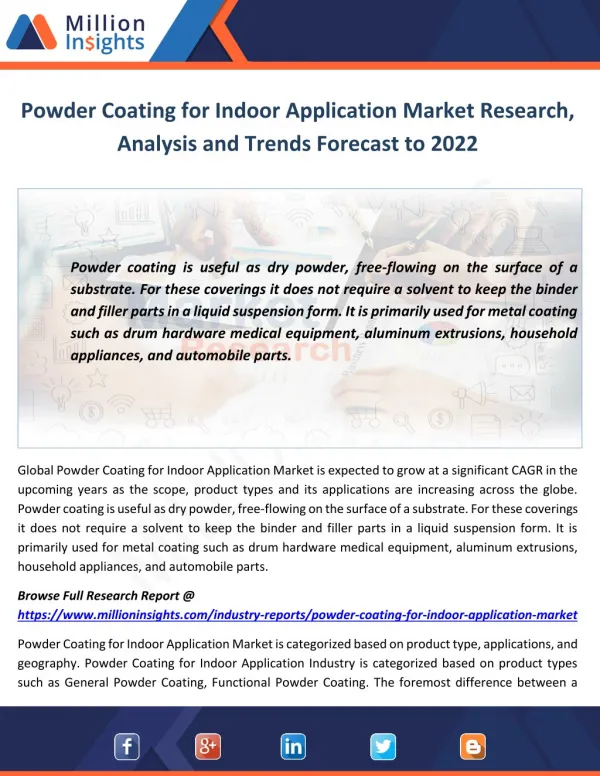 Powder Coating for Indoor Application Market Research, Analysis and Trends Forecast to 2022