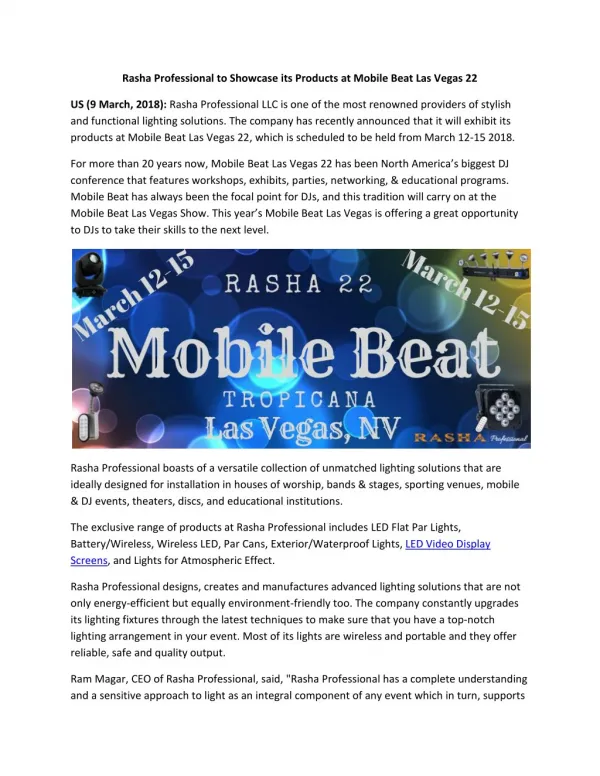 Rasha Professional Exhibits its Lighting Solutions at Mobile Beat Las Vegas.