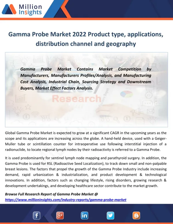 Gamma Probe Industry is anticipated to grow at a higher CAGR From 2017-2022