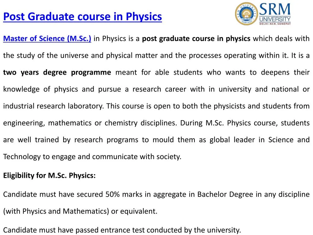 post graduate course in physics master of science