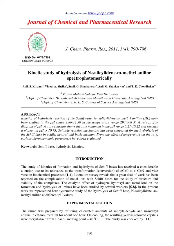 Kinetic study of hydrolysis of N-salicylidene-m-methyl aniline spectrophotomerically