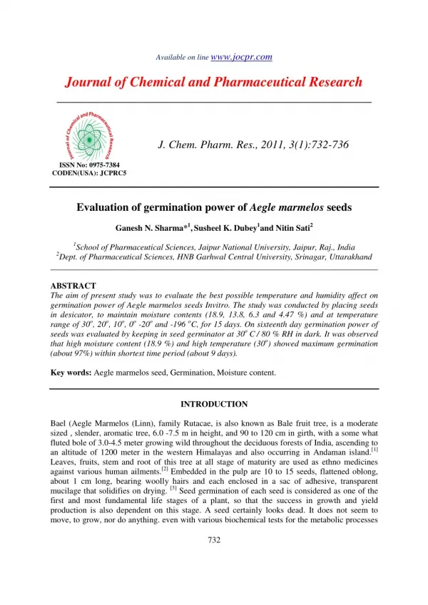 Evaluation of germination power of Aegle marmelos seeds