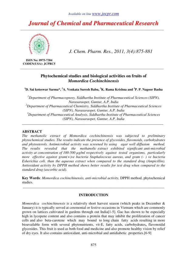 Phytochemical studies and biological activities on fruits of Momordica Cochinchinensis