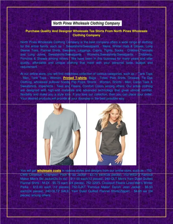 Purchase quality and designer Wholesale Tee Shirts from North Pines Wholesale Clothing Company