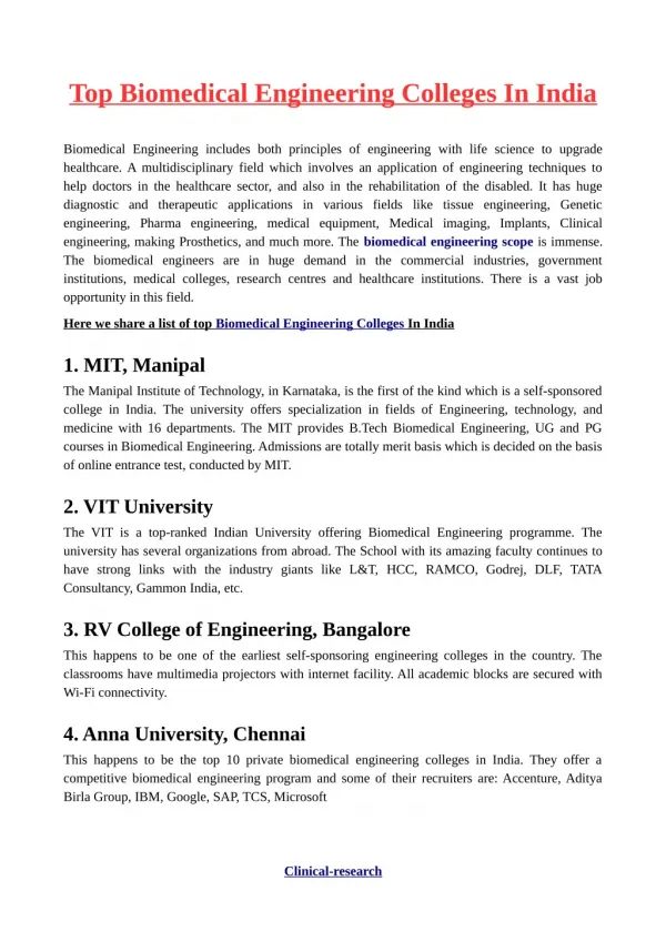 Top Biomedical Engineering Colleges In India