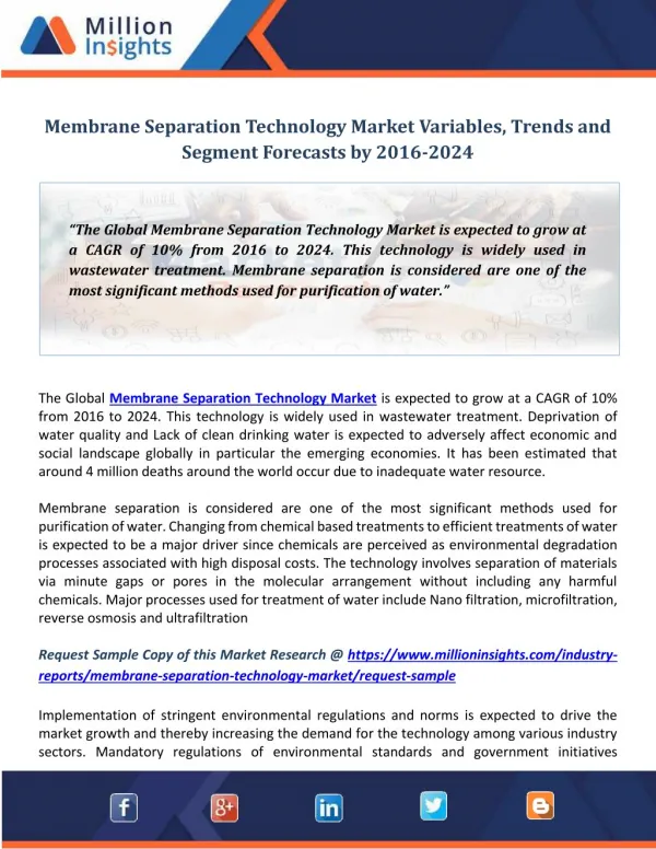 Membrane Separation Technology Market Variables, Trends and Segment Forecasts by 2016-2024