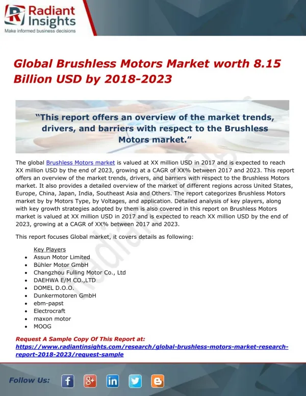 Global Brushless Motors Market worth 8.15 Billion USD by 2018-2023