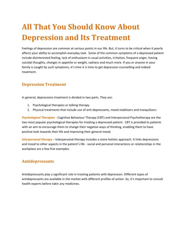 All That You Should Know About Depression and Its Treatment