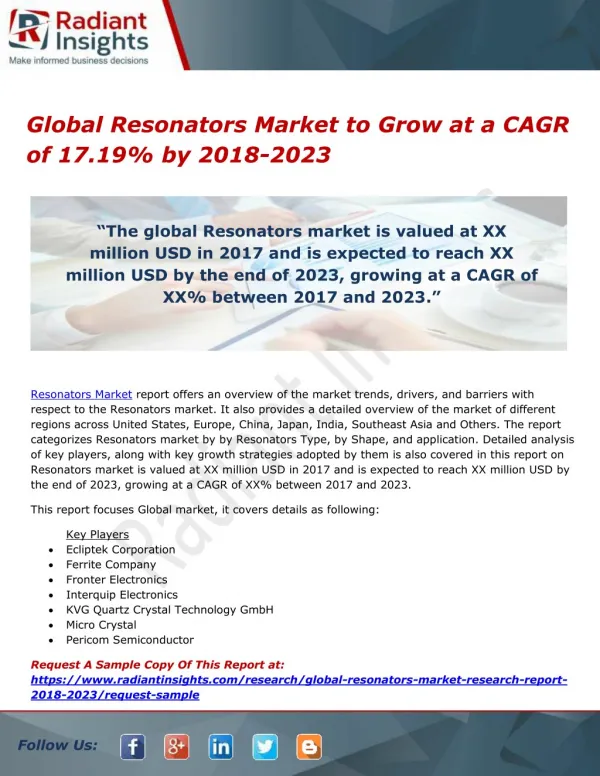 Global Resonators Market to Grow at a CAGR of 17.19% by 2018-2023