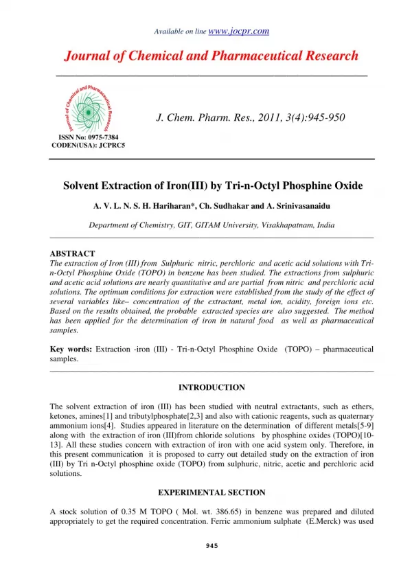 Solvent Extraction of Iron(III) by Tri-n-Octyl Phosphine Oxide