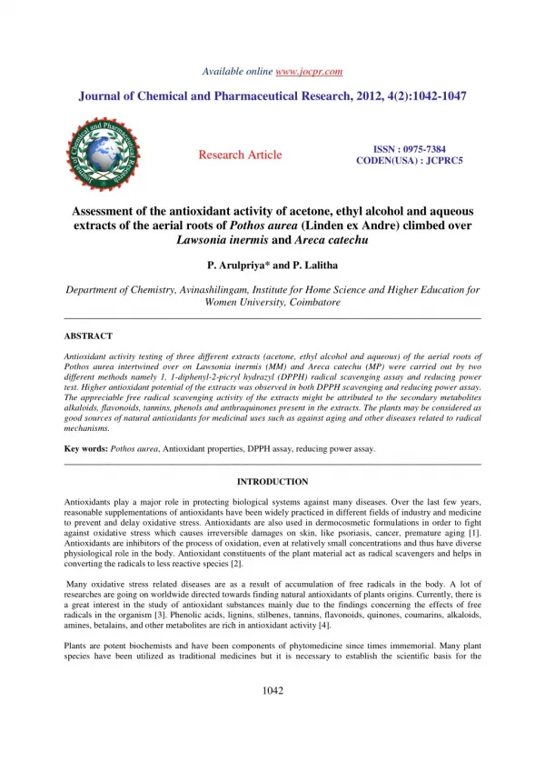 Assessment of the antioxidant activity of acetone, ethyl alcohol and aqueous extracts of the aerial roots of Pothos aure