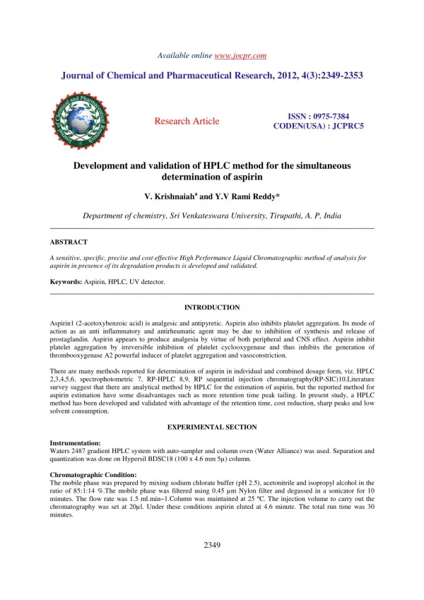 Development and validation of HPLC method for the simultaneous determination of aspirin