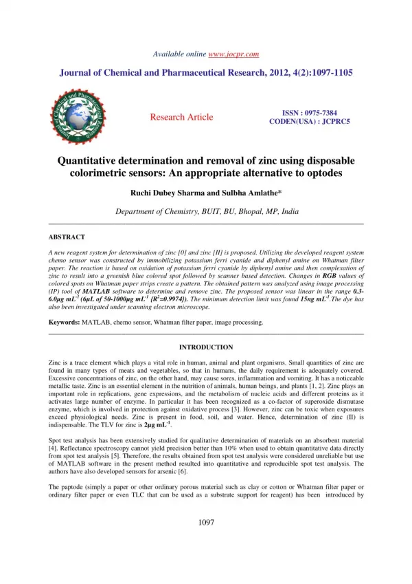 Quantitative determination and removal of zinc using disposable colorimetric sensors: An appropriate alternative to opto