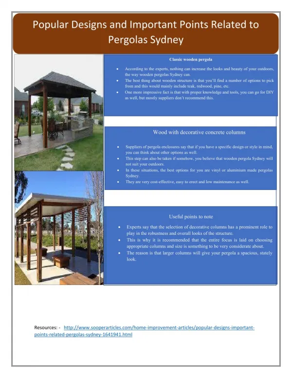 Popular Designs and Important Points Related to Pergolas Sydney