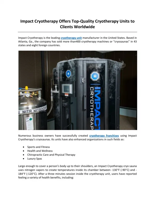 Impact Cryotherapy Offers Top-Quality Cryotherapy Units to Clients Worldwide