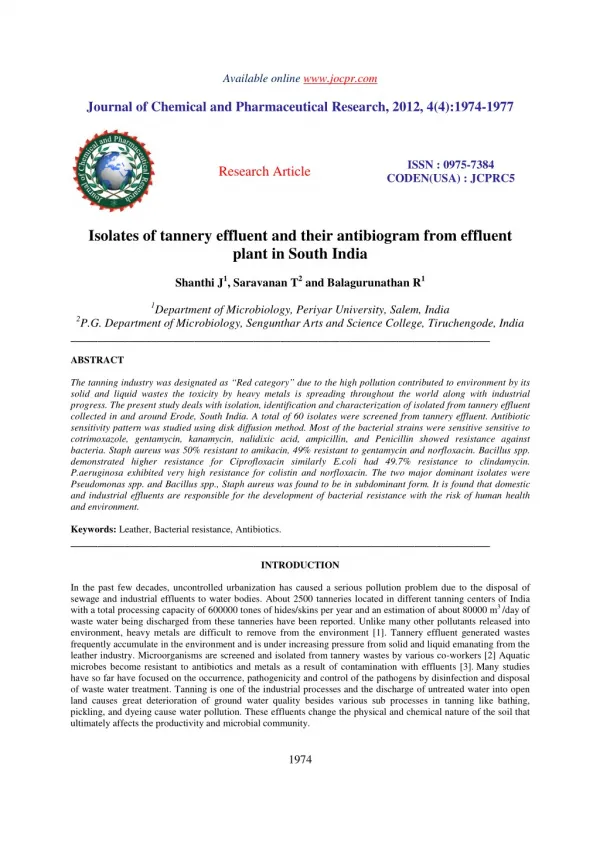 Isolates of tannery effluent and their antibiogram from effluent plant in South India