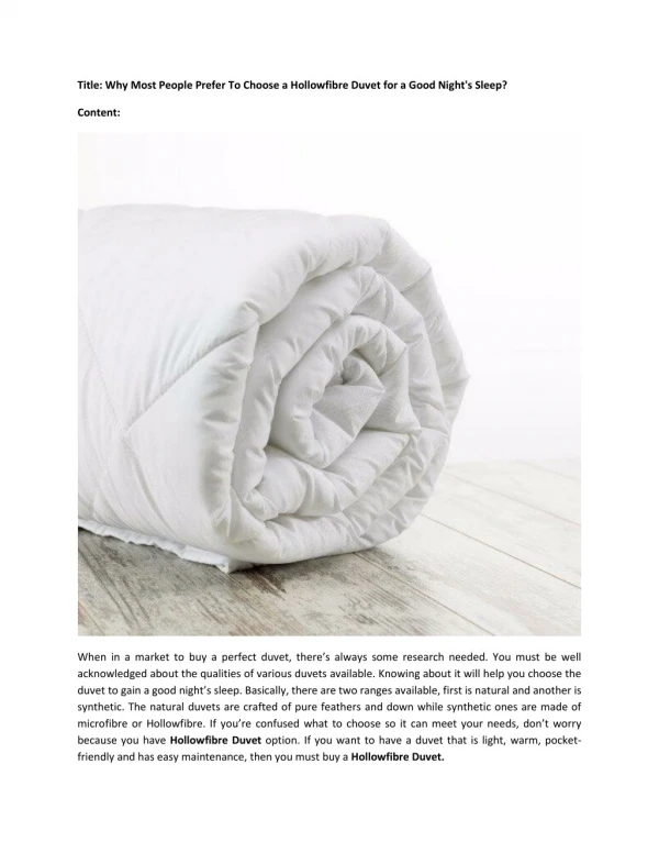 Why Most People Prefer To Choose a Hollowfibre Duvet for a Good Night's Sleep?