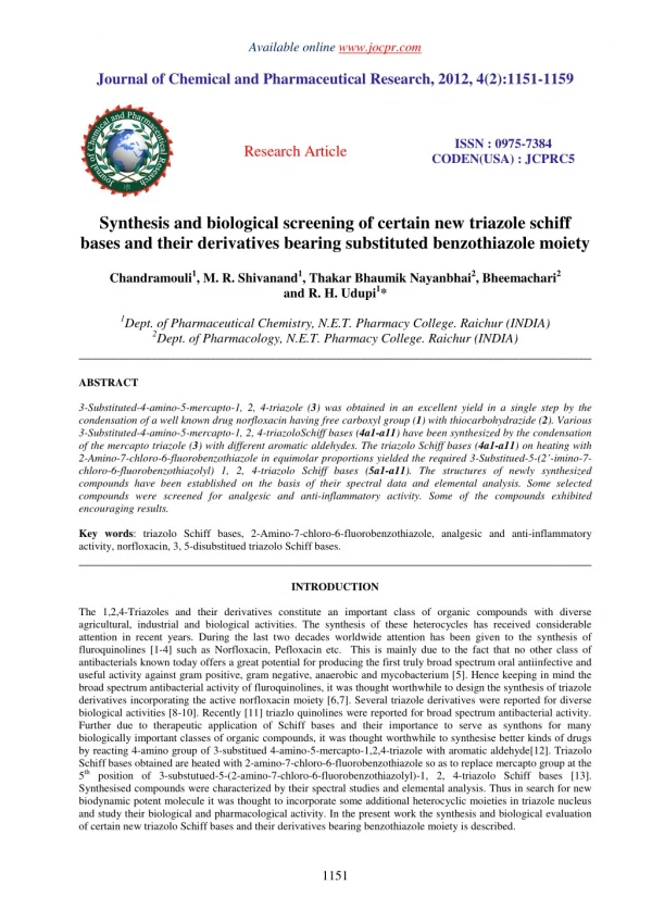 Synthesis and biological screening of certain new triazole schiff bases and their derivatives bearing substituted benzot