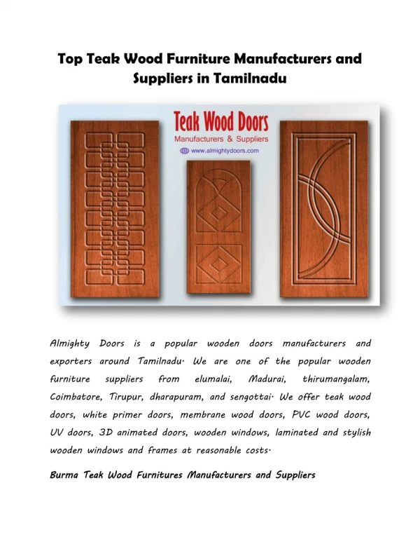 Teak Wood Furniture Manufacturers and Suppliers in Tamilnadu