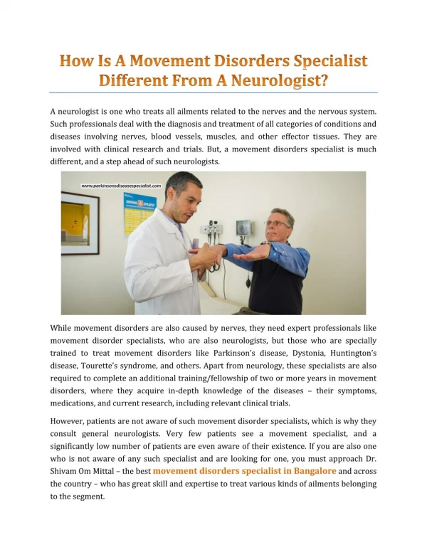 How Is A Movement Disorders Specialist Different From A Neurologist? - Dr. Shivam Mittal
