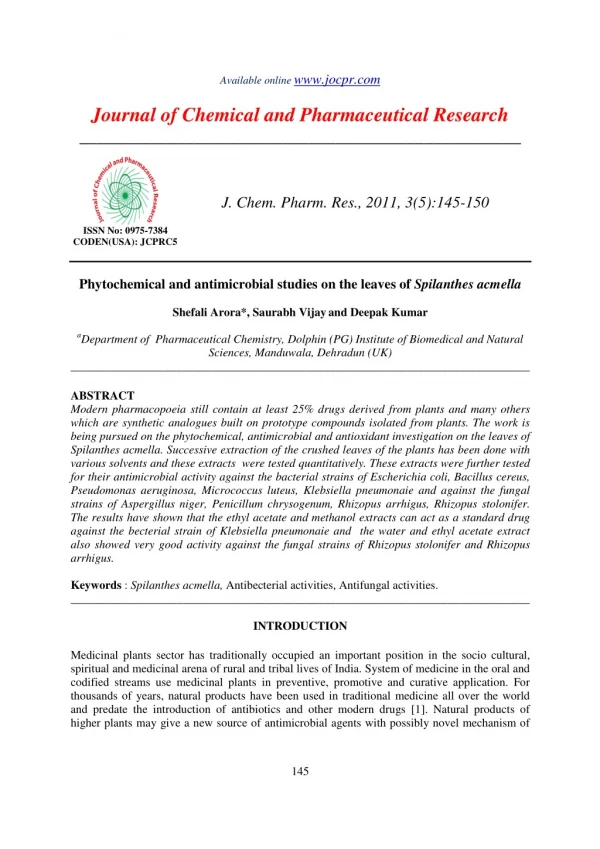 Phytochemical and antimicrobial studies on the leaves of Spilanthes acmella