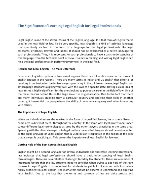 The Significance of Learning Legal English for Legal Professionals