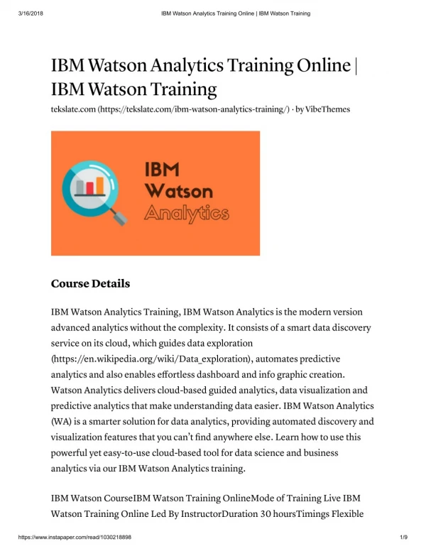 IBM Watson Analytics Online Training With Live Project
