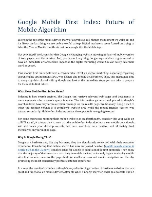 Google Mobile First Index - Future of Mobile Algorithm