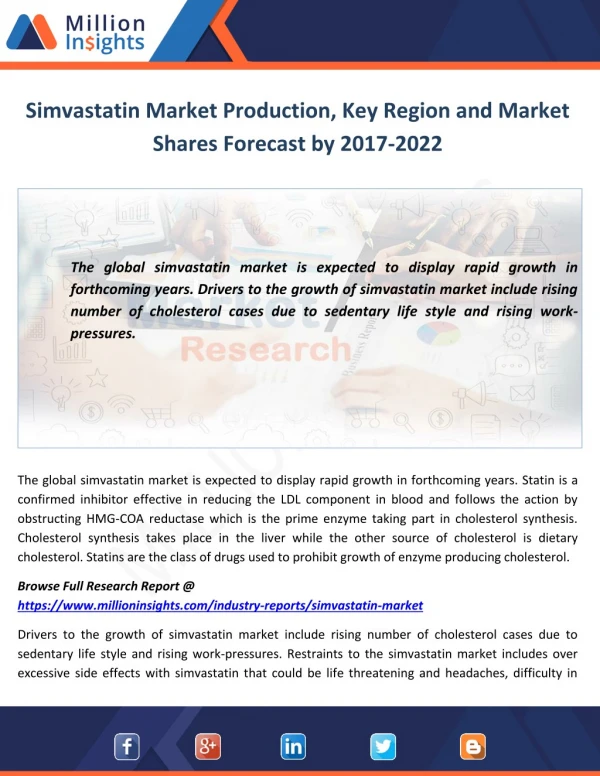 Simvastatin Market Production, Key Region and Market Shares Forecast by 2017-2022