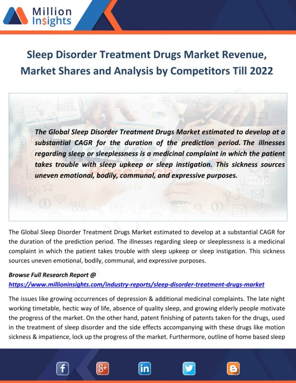 Sleep Disorder Treatment Drugs Market Revenue, Shares and Analysis by Competitors Till 2022