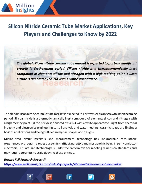 Silicon Nitride Ceramic Tube Market Applications, Key Players and Challenges to Know by 2022