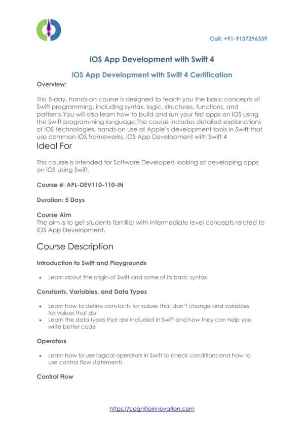 iOS App Development with Swift 4 Certification in Mumbai - India with Cognitio Innovatio