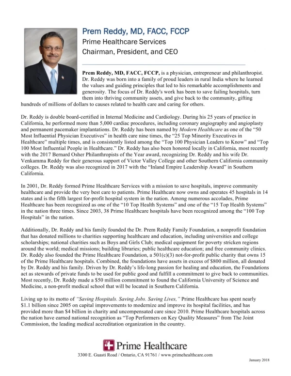 Dr. Prem Reddy, MD, FACC, FCCP,Chairman,President and CEO