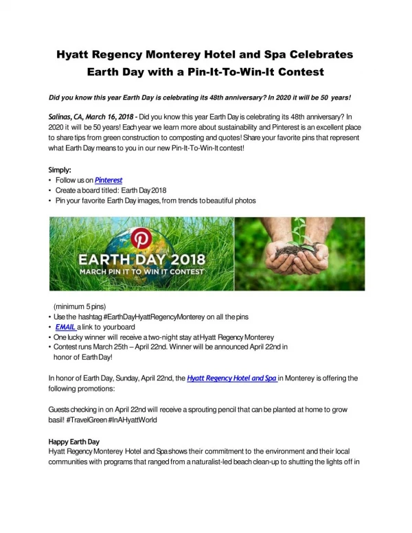 Hyatt Regency Monterey Hotel and Spa Celebrates Earth Day with a Pin-It-To-Win-It Contest