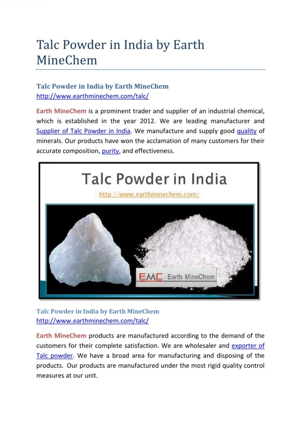 Talc Powder in India by Earth MineChem