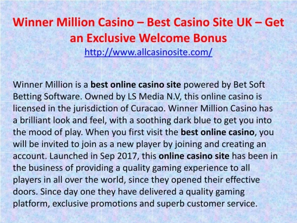 Winner Million Casino – Best Casino Site UK – Get an Exclusive Welcome Bonus