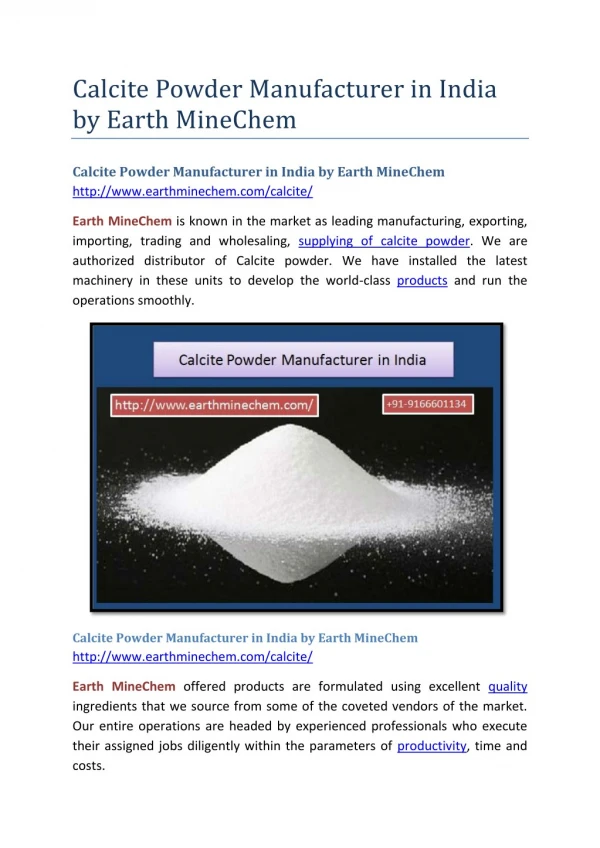 Calcite Powder Manufacturer in India by Earth MineChem